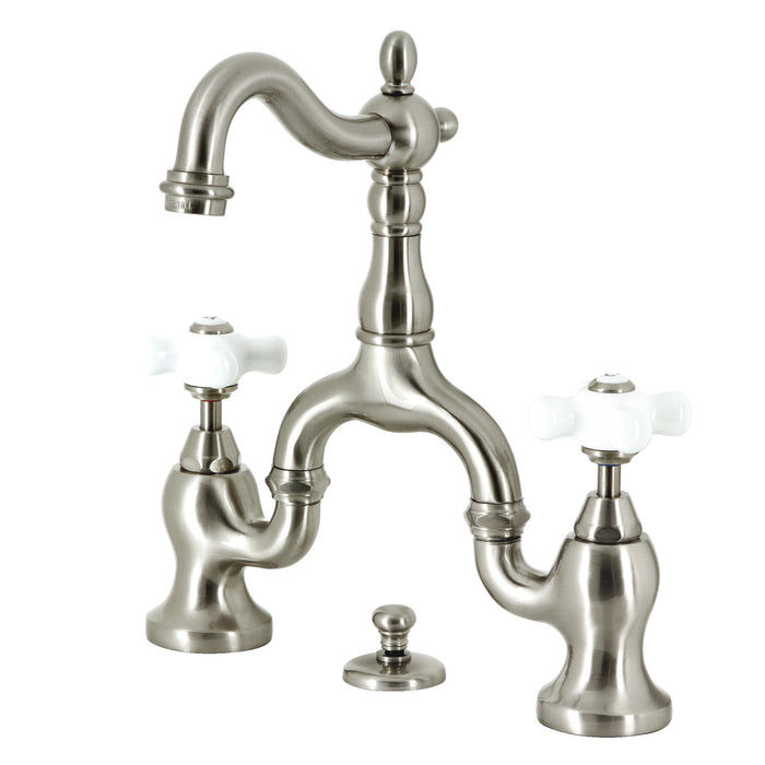 English Country KS7978PX Two-Handle 3-Hole Deck Mount Bridge Bathroom Faucet with Brass Pop-Up, Brushed Nickel