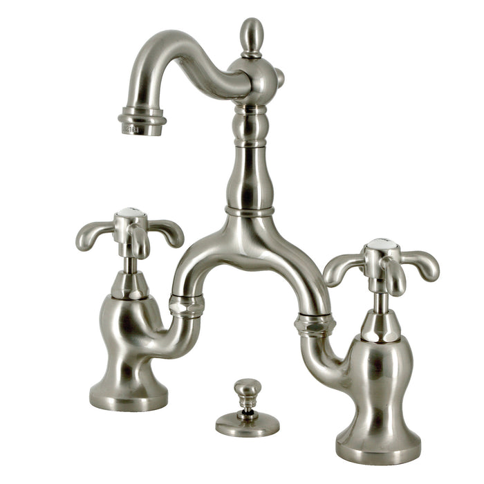 French Country KS7978TX Two-Handle 3-Hole Deck Mount Bridge Bathroom Faucet with Brass Pop-Up, Brushed Nickel