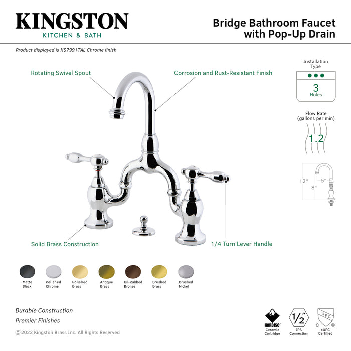 Tudor KS7990TAL Two-Handle 3-Hole Deck Mount Bridge Bathroom Faucet with Brass Pop-Up, Matte Black