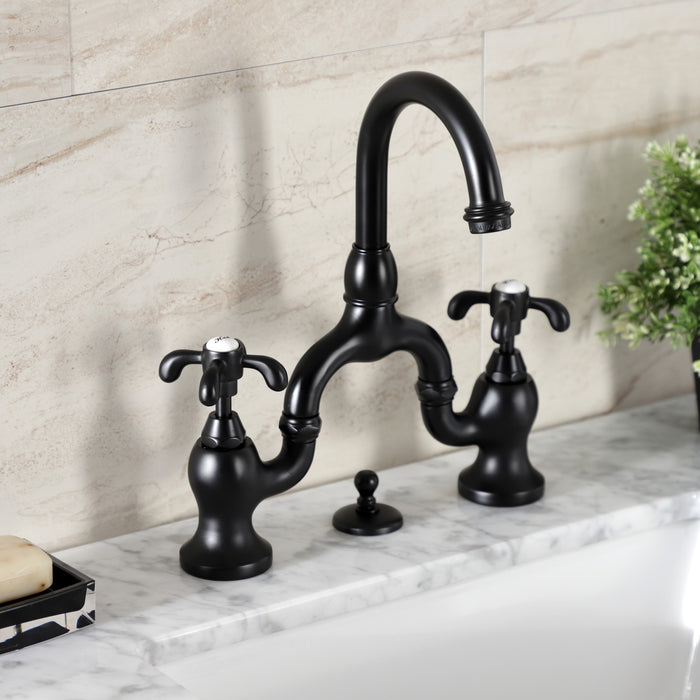 French Country KS7990TX Two-Handle 3-Hole Deck Mount Bridge Bathroom Faucet with Brass Pop-Up, Matte Black