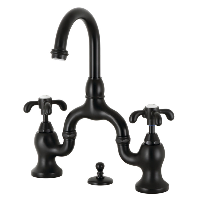 French Country KS7990TX Two-Handle 3-Hole Deck Mount Bridge Bathroom Faucet with Brass Pop-Up, Matte Black