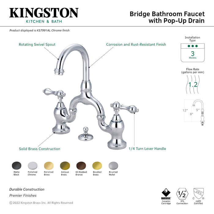 English Country KS7991AL Two-Handle 3-Hole Deck Mount Bridge Bathroom Faucet with Brass Pop-Up, Polished Chrome