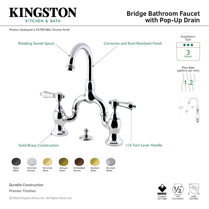 Heirloom KS7991BAL Two-Handle 3-Hole Deck Mount Bridge Bathroom Faucet with Brass Pop-Up, Polished Chrome