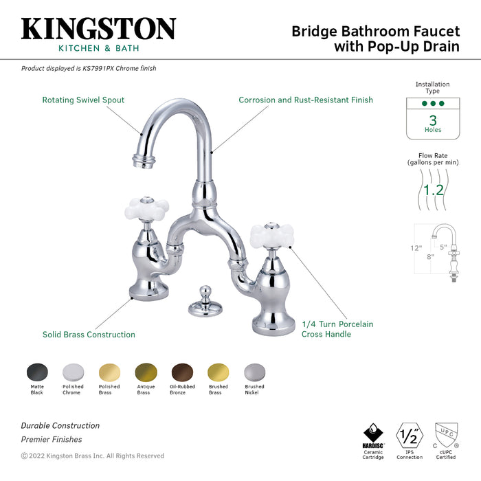 Kingston Heirloom KS7991PX - English Country Two-Handle 3-Hole Deck Mount Bridge Bathroom Faucet with Brass Pop-Up, Polished Chrome