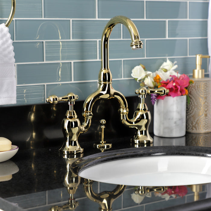 English Country KS7992AL Two-Handle 3-Hole Deck Mount Bridge Bathroom Faucet with Brass Pop-Up, Polished Brass