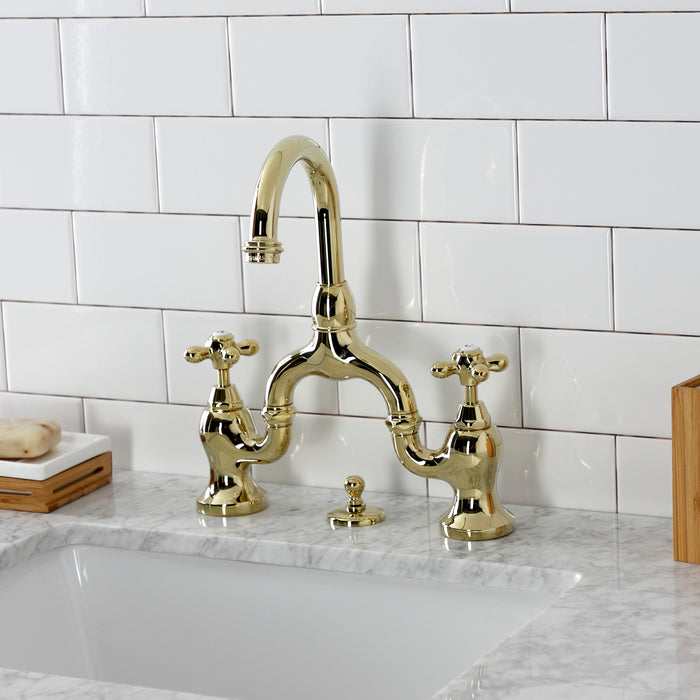English Country KS7992AX Two-Handle 3-Hole Deck Mount Bridge Bathroom Faucet with Brass Pop-Up, Polished Brass