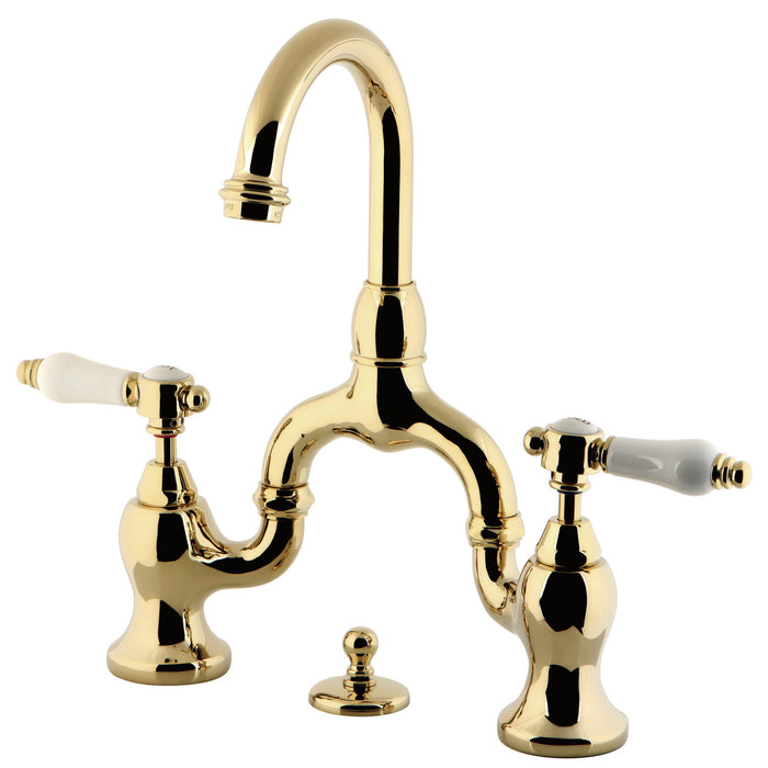 Bel-Air KS7992BPL Two-Handle 3-Hole Deck Mount Bridge Bathroom Faucet with Brass Pop-Up, Polished Brass