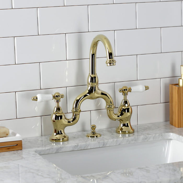 English Country KS7992PL Two-Handle 3-Hole Deck Mount Bridge Bathroom Faucet with Brass Pop-Up, Polished Brass