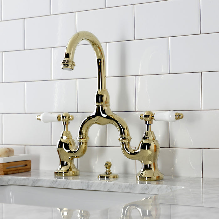 English Country KS7992PL Two-Handle 3-Hole Deck Mount Bridge Bathroom Faucet with Brass Pop-Up, Polished Brass