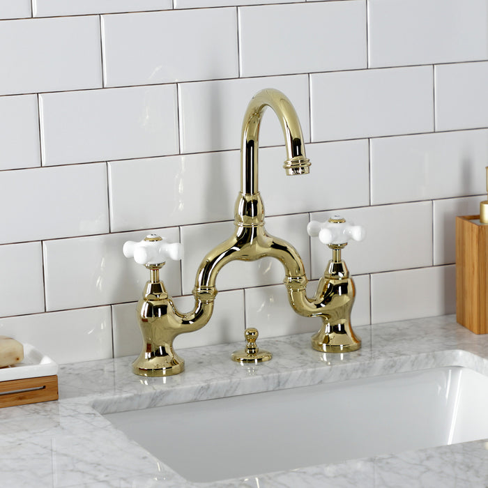 English Country KS7992PX Two-Handle 3-Hole Deck Mount Bridge Bathroom Faucet with Brass Pop-Up, Polished Brass