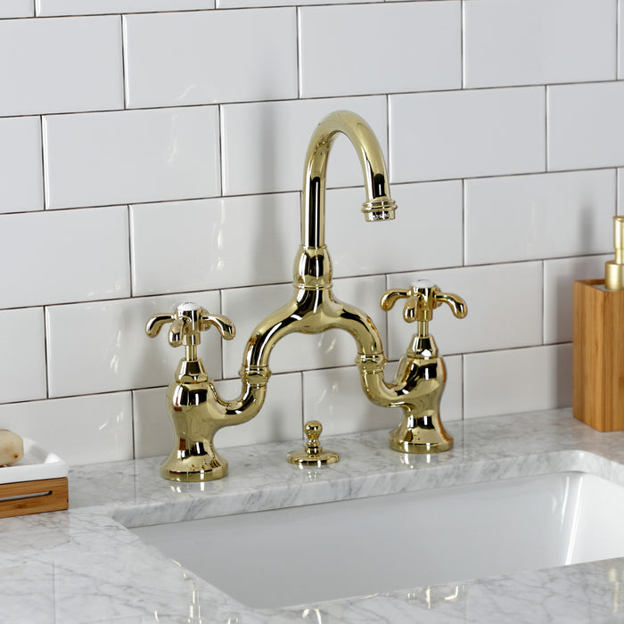 French Country KS7992TX Two-Handle 3-Hole Deck Mount Bridge Bathroom Faucet with Brass Pop-Up, Polished Brass