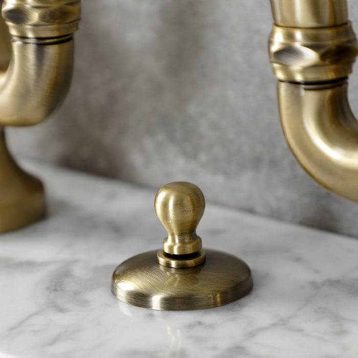 Tudor KS7993TAL Two-Handle 3-Hole Deck Mount Bridge Bathroom Faucet with Brass Pop-Up, Antique Brass