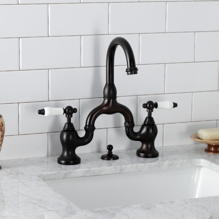 English Country KS7995PL Two-Handle 3-Hole Deck Mount Bridge Bathroom Faucet with Brass Pop-Up, Oil Rubbed Bronze