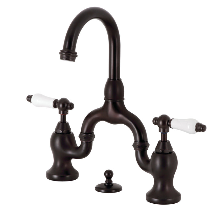 English Country KS7995PL Two-Handle 3-Hole Deck Mount Bridge Bathroom Faucet with Brass Pop-Up, Oil Rubbed Bronze