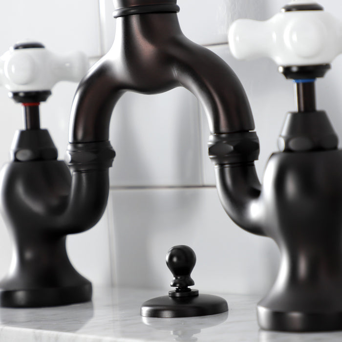 Kingston Heirloom KS7995PX - English Country Two-Handle 3-Hole Deck Mount Bridge Bathroom Faucet with Brass Pop-Up, Oil Rubbed Bronze