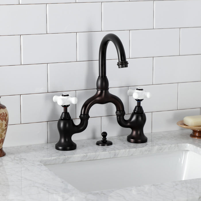 Kingston Heirloom KS7995PX - English Country Two-Handle 3-Hole Deck Mount Bridge Bathroom Faucet with Brass Pop-Up, Oil Rubbed Bronze