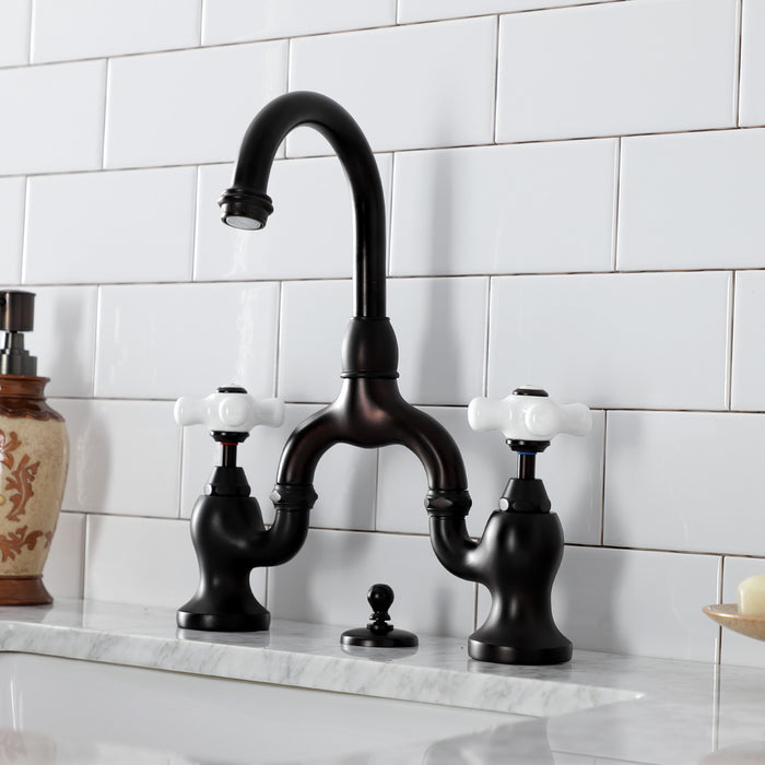 Kingston Heirloom KS7995PX - English Country Two-Handle 3-Hole Deck Mount Bridge Bathroom Faucet with Brass Pop-Up, Oil Rubbed Bronze