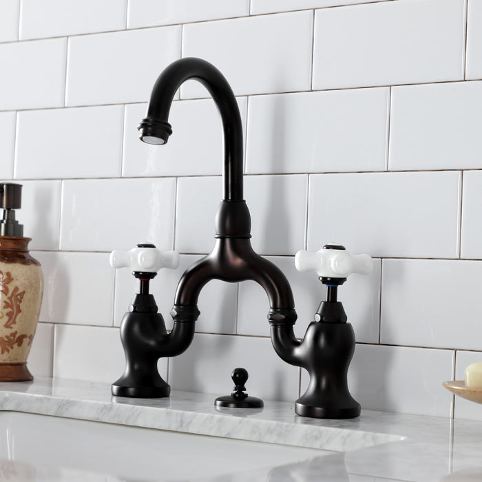 English Country KS7995PX Two-Handle 3-Hole Deck Mount Bridge Bathroom Faucet with Brass Pop-Up, Oil Rubbed Bronze