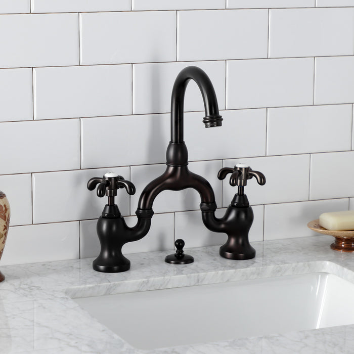 French Country KS7995TX Two-Handle 3-Hole Deck Mount Bridge Bathroom Faucet with Brass Pop-Up, Oil Rubbed Bronze