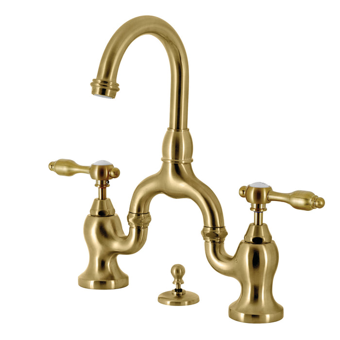 Tudor KS7997TAL Two-Handle 3-Hole Deck Mount Bridge Bathroom Faucet with Brass Pop-Up, Brushed Brass