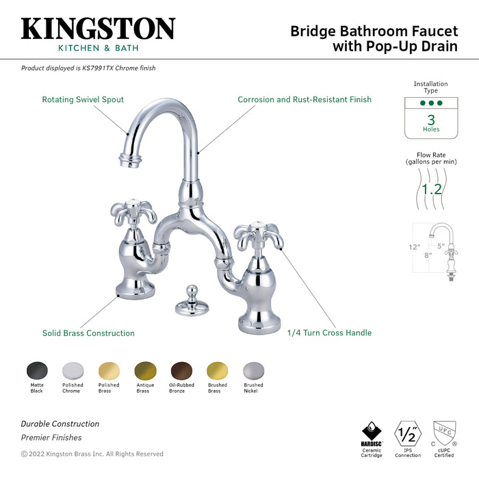 Kingston Heirloom KS7997TX - French Country Two-Handle 3-Hole Deck Mount Bridge Bathroom Faucet with Brass Pop-Up, Brushed Brass