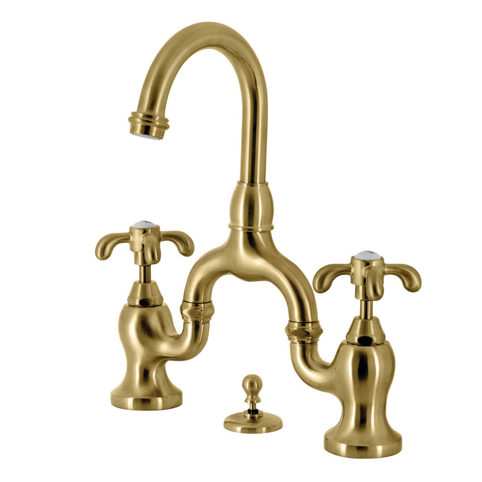 Kingston Heirloom KS7997TX - French Country Two-Handle 3-Hole Deck Mount Bridge Bathroom Faucet with Brass Pop-Up, Brushed Brass