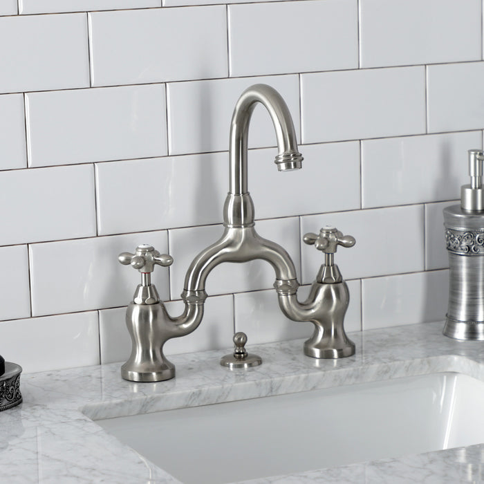 Kingston Heirloom KS7998AX - English Country Two-Handle 3-Hole Deck Mount Bridge Bathroom Faucet with Brass Pop-Up, Brushed Nickel