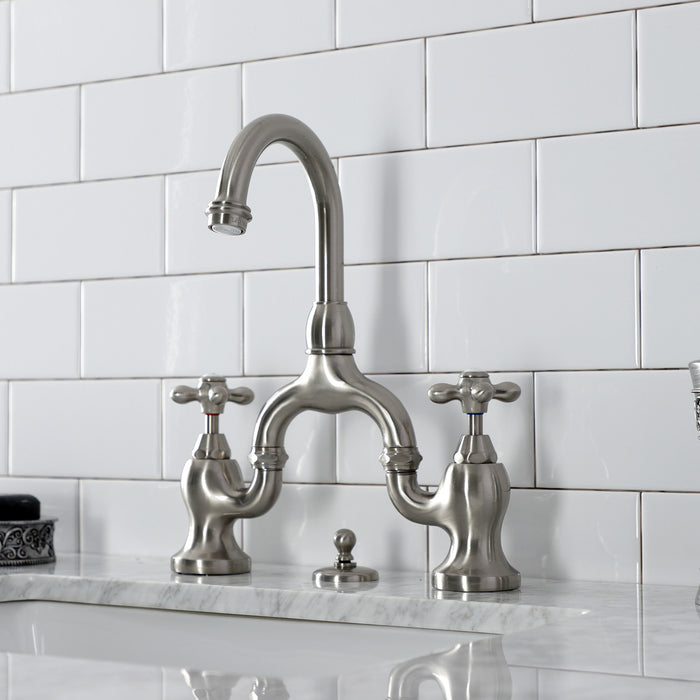 Kingston Heirloom KS7998AX - English Country Two-Handle 3-Hole Deck Mount Bridge Bathroom Faucet with Brass Pop-Up, Brushed Nickel