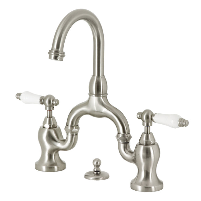 English Country KS7998PL Two-Handle 3-Hole Deck Mount Bridge Bathroom Faucet with Brass Pop-Up, Brushed Nickel