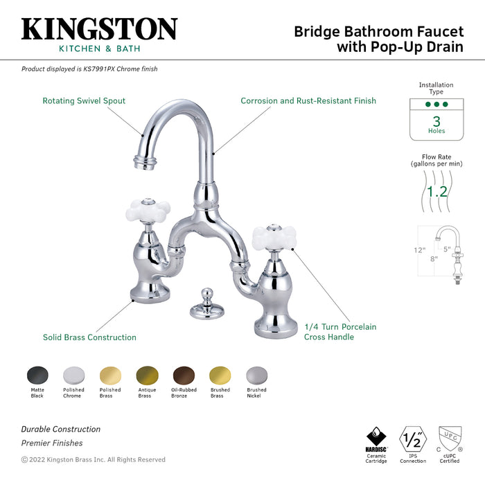 English Country KS7998PX Two-Handle 3-Hole Deck Mount Bridge Bathroom Faucet with Brass Pop-Up, Brushed Nickel