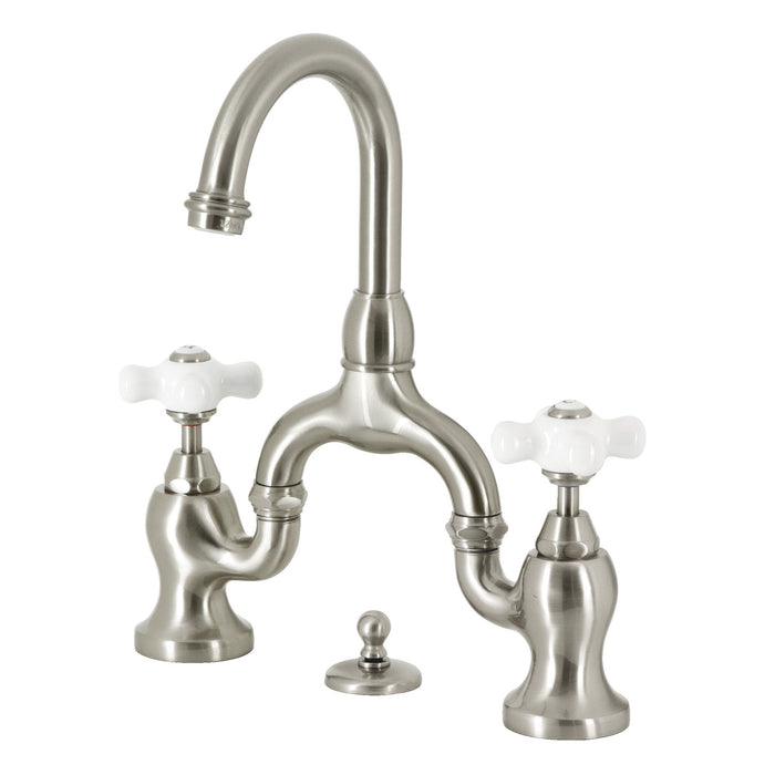 English Country KS7998PX Two-Handle 3-Hole Deck Mount Bridge Bathroom Faucet with Brass Pop-Up, Brushed Nickel