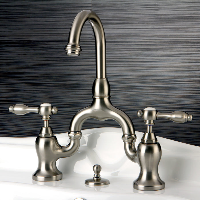 Tudor KS7998TAL Two-Handle 3-Hole Deck Mount Bridge Bathroom Faucet with Brass Pop-Up, Brushed Nickel