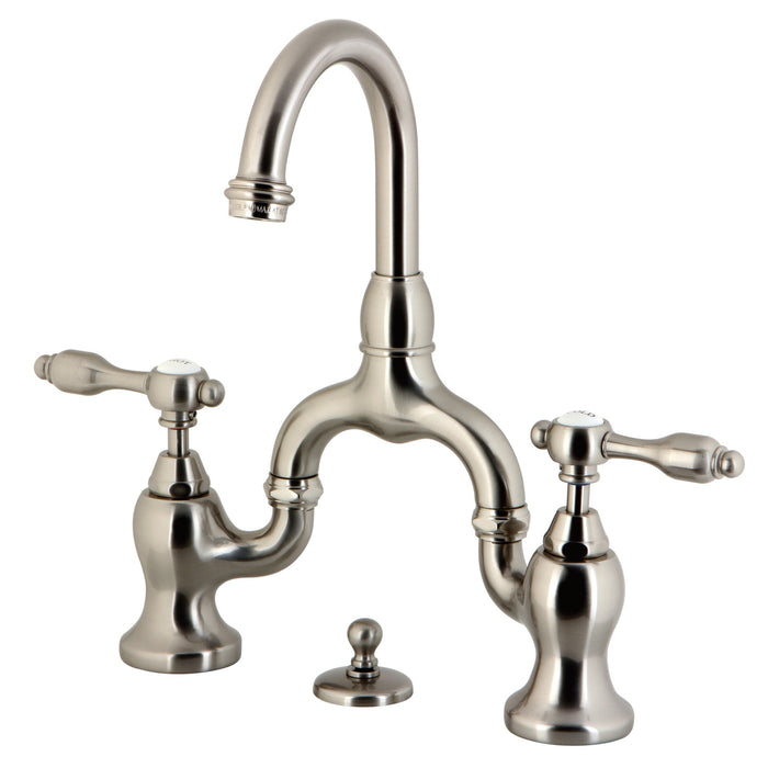 Tudor KS7998TAL Two-Handle 3-Hole Deck Mount Bridge Bathroom Faucet with Brass Pop-Up, Brushed Nickel
