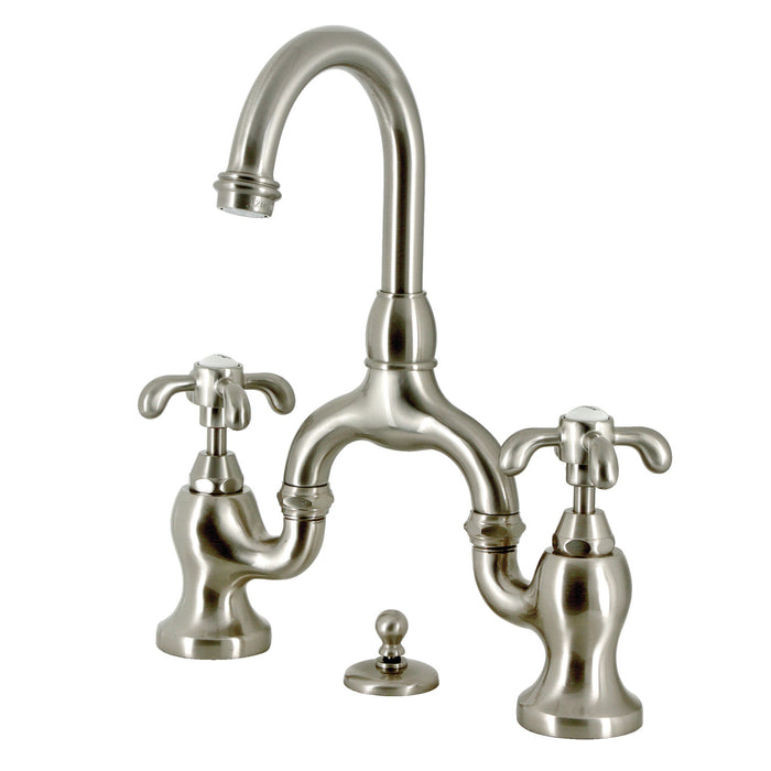 French Country KS7998TX Two-Handle 3-Hole Deck Mount Bridge Bathroom Faucet with Brass Pop-Up, Brushed Nickel