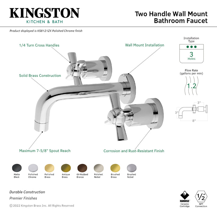 Millennium KS8121ZX Two-Handle 3-Hole Wall Mount Bathroom Faucet, Polished Chrome