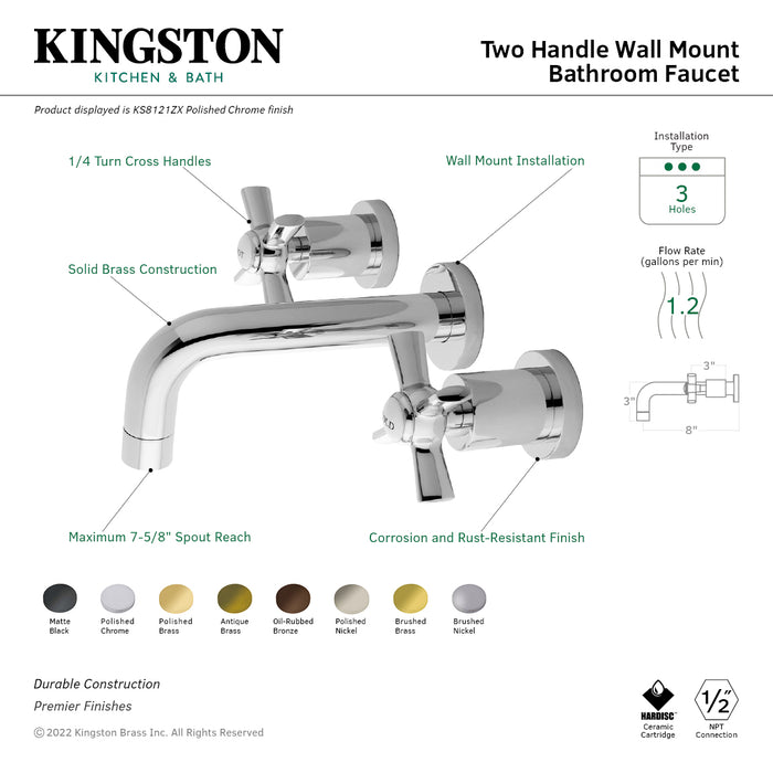 Kingston Sona KS8123ZX - Millennium Double-Handle 3-Hole Wall Mount Bathroom Faucet, Antique Brass