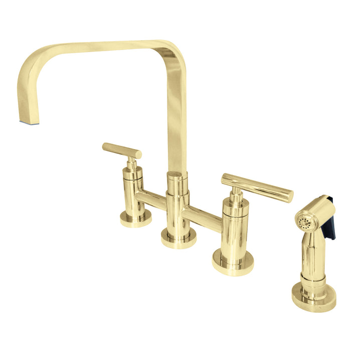Manhattan KS8252CMLBS Two-Handle 4-Hole Deck Mount Bridge Kitchen Faucet with Brass Sprayer, Polished Brass