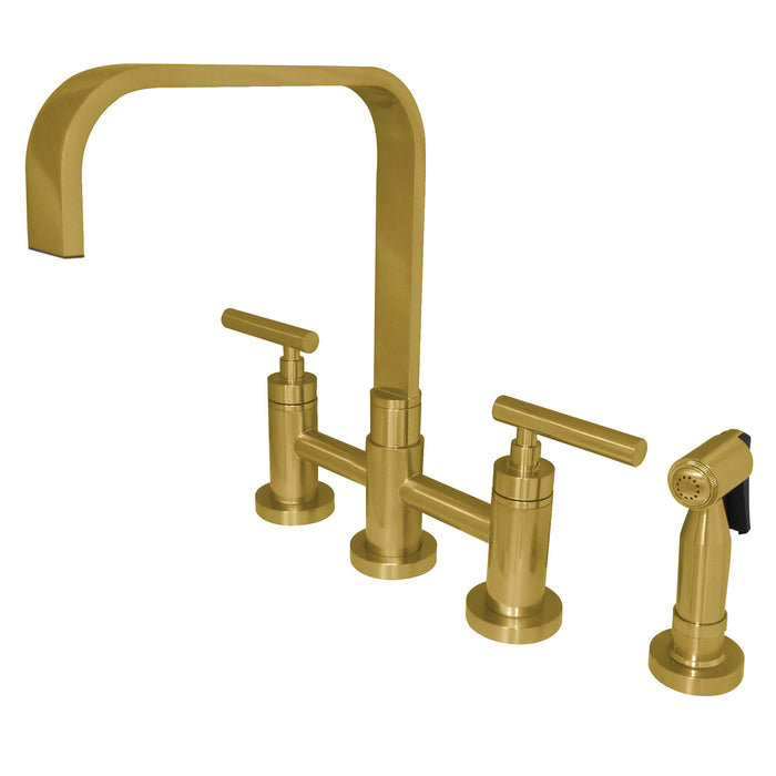 Manhattan KS8257CMLBS Two-Handle 4-Hole Deck Mount Bridge Kitchen Faucet with Brass Sprayer, Brushed Brass
