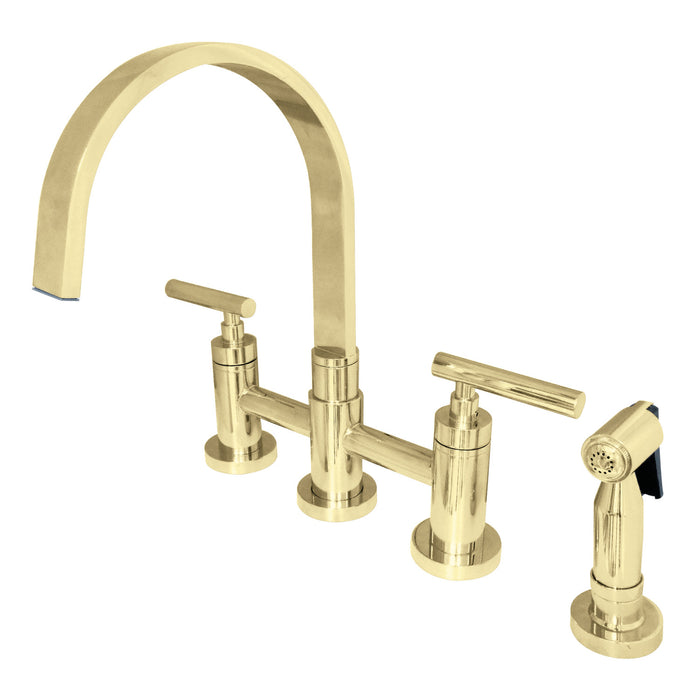 Manhattan KS8262CMLBS Two-Handle 4-Hole Deck Mount Bridge Kitchen Faucet with Brass Sprayer, Polished Brass