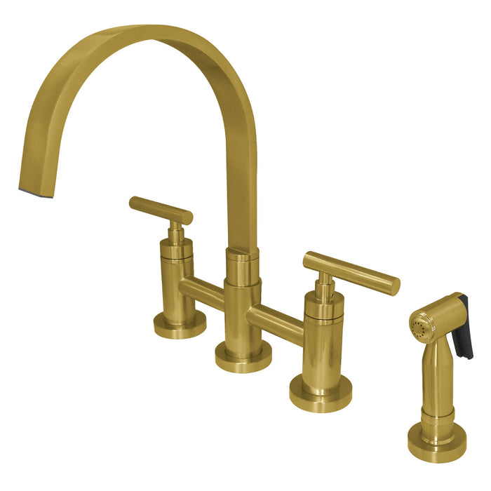 Manhattan KS8267CMLBS Two-Handle 4-Hole Deck Mount Bridge Kitchen Faucet with Brass Sprayer, Brushed Brass