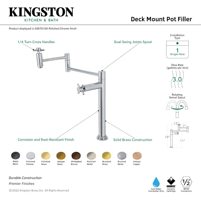Kingston Sona KS8702DX - Concord Two-Handle 1-Hole Deck Mount Pot Filler Faucet, Polished Brass
