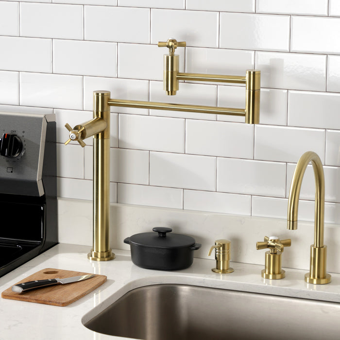 Kingston Tulare KS8707ZX - Millennium Two-Handle 1-Hole Deck Mount Pot Filler Faucet, Brushed Brass