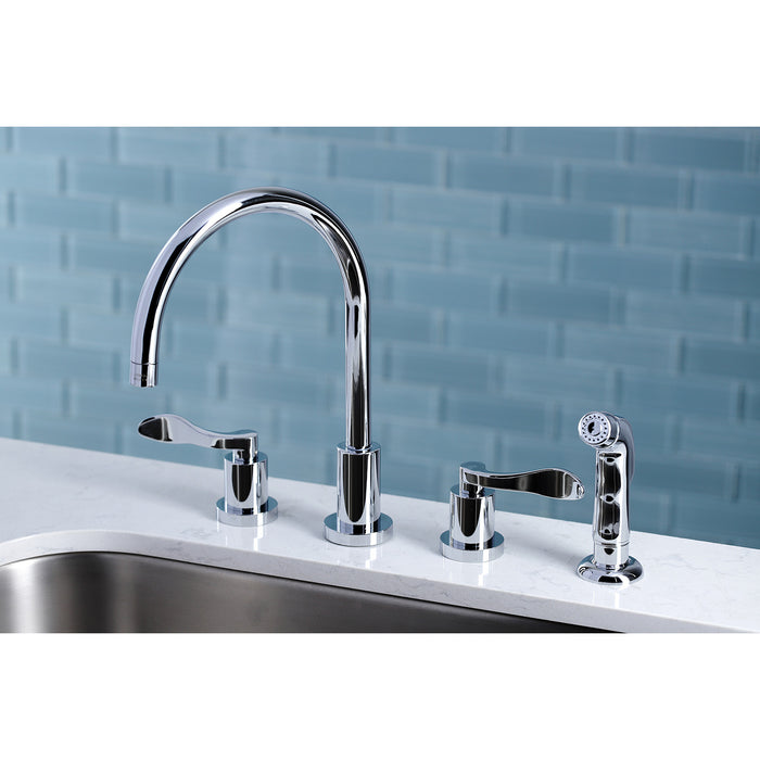 KS8721DFL Two-Handle 4-Hole Deck Mount Widespread Kitchen Faucet with Plastic Sprayer, Polished Chrome