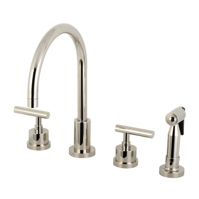 Manhattan KS8726CMLBS Two-Handle 4-Hole Deck Mount Widespread Kitchen Faucet with Brass Sprayer, Polished Nickel