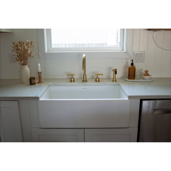 Manhattan KS8727CMLBS Two-Handle 4-Hole Deck Mount Widespread Kitchen Faucet with Brass Sprayer, Brushed Brass
