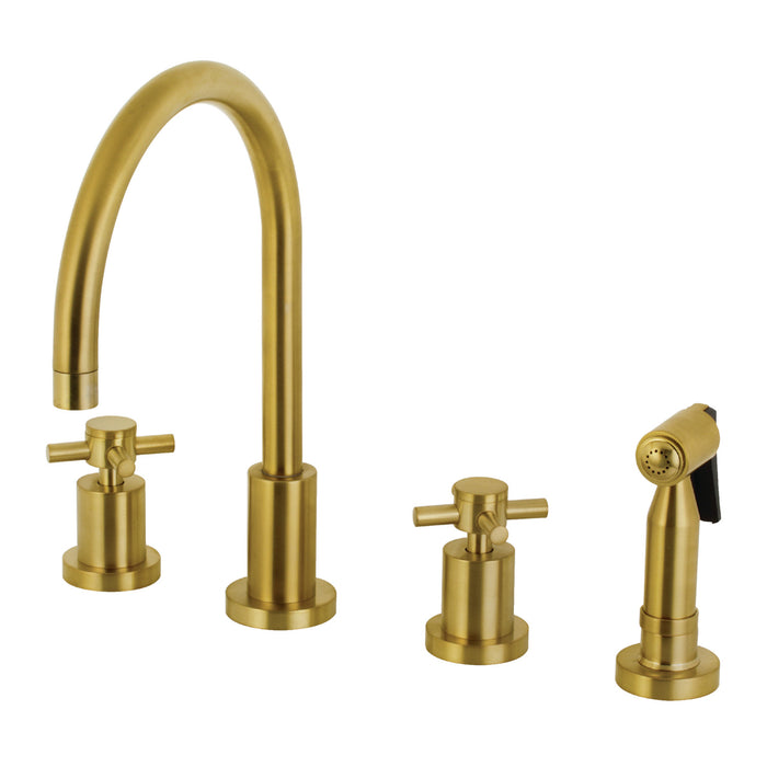 Concord KS8727DXBS Two-Handle 4-Hole Deck Mount Widespread Kitchen Faucet with Brass Sprayer, Brushed Brass