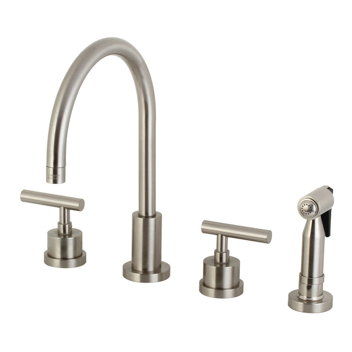Manhattan KS8728CMLBS Two-Handle 4-Hole Deck Mount Widespread Kitchen Faucet with Brass Sprayer, Brushed Nickel