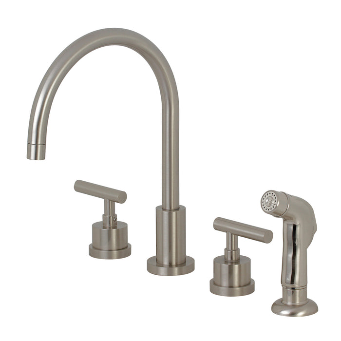 Manhattan KS8728CML Two-Handle 4-Hole Deck Mount Widespread Kitchen Faucet with Plastic Sprayer, Brushed Nickel