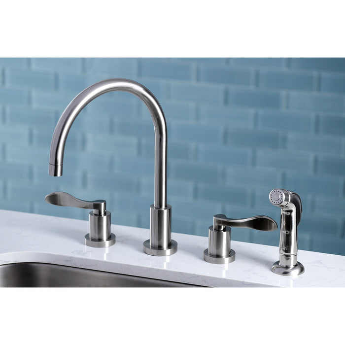 KS8728DFL Two-Handle 4-Hole Deck Mount Widespread Kitchen Faucet with Plastic Sprayer, Brushed Nickel