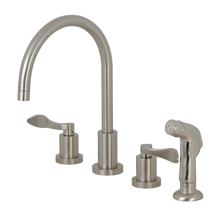 KS8728DFL Two-Handle 4-Hole Deck Mount Widespread Kitchen Faucet with Plastic Sprayer, Brushed Nickel